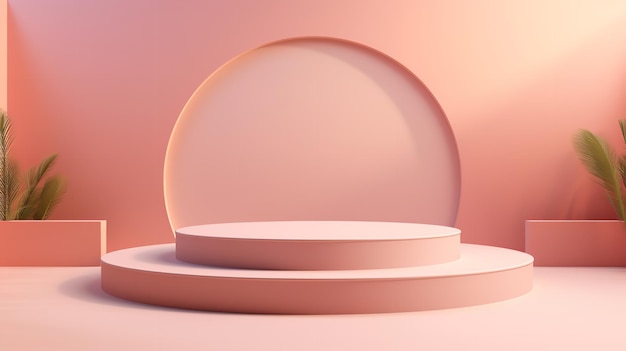 Eine minimalistische 3D-Darstellung mit einer rosa leeren Plattform und geometrischen Formen in einem rosa Farbschema Generative KI
