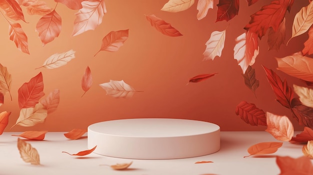Eine minimalistische Ausstellung mit Herbstblättern, die gegen einen warmen Hintergrund im sanften Abendlicht fallen