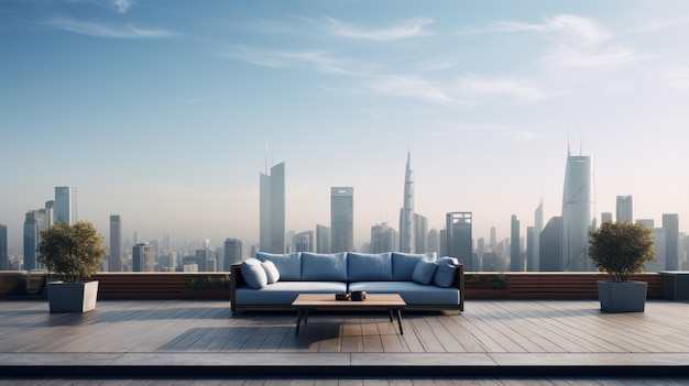 Eine minimalistische Dachszenerie mit eleganten Möbeln im Kontrast zur ununterbrochenen Skyline fängt urbane Ruhe ein