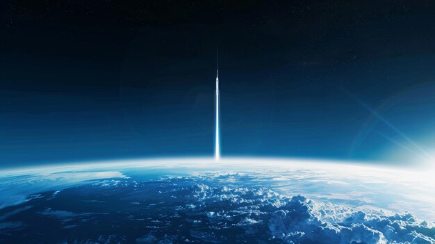 Eine minimalistische Darstellung eines Weltraumlifts, der in die Umlaufbahn gelangt, eine von KI erzeugte Illustration
