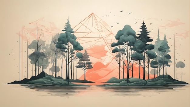 Eine minimalistische geometrische Vektorkunstillustration eines mysteriösen Waldes