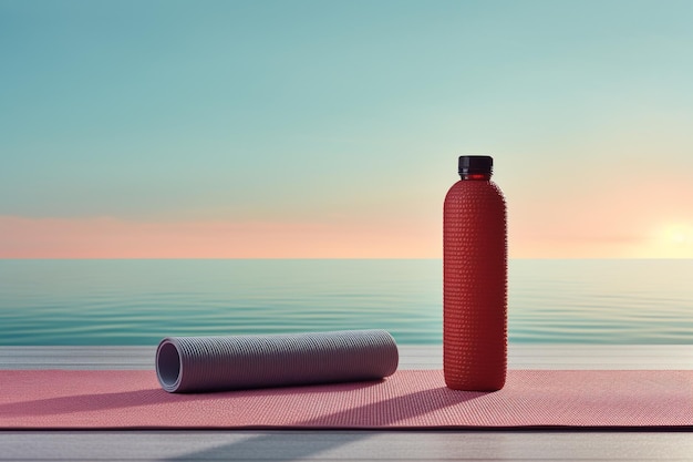 Eine minimalistische Gesundheits-Yogamatte mit Wasserflasche und Handtuch