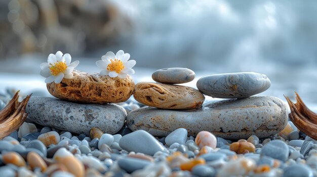 Foto eine minimalistische komposition einer felsigen küste mit glatten kieselsteinen, die auf dem sand verstreut sind