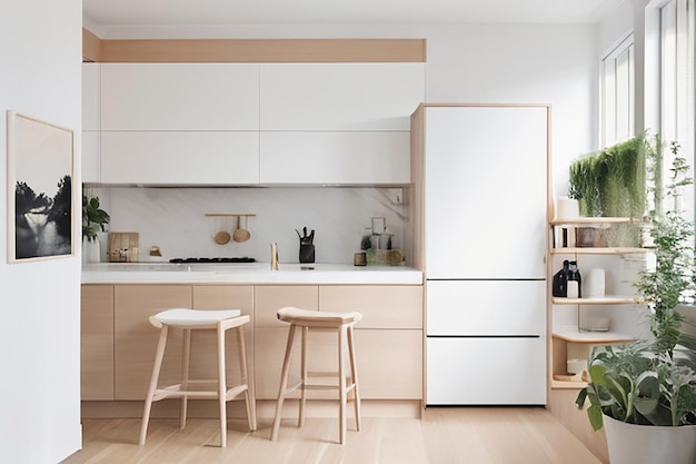Eine minimalistische Küche mit skandinavischem Einfluss und hellen Holzschränken für eine helle, luftige Atmosphäre