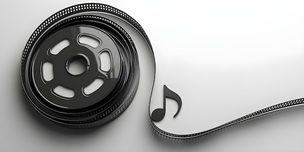 Foto eine minimalistische schwarz-weiß-filmrolle mit einem musiknoten-logo auf einem einfachen hintergrund konzept abstrakte fotografie minimalistisches design monochrome ästhetik musiksymbol einfache zusammensetzung