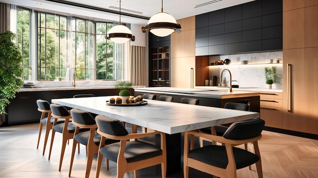 Eine minimalistische, voll ausgestattete Küche in einem luxuriösen Sommerhaus mit einer raffinierten und eleganten Ästhetik