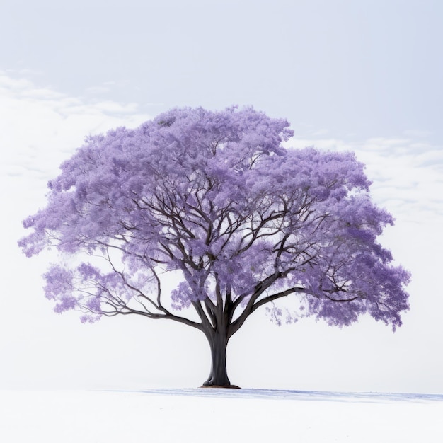 Eine minimalistische Vorderseite eines schneebedeckten Jacaranda-Baumes