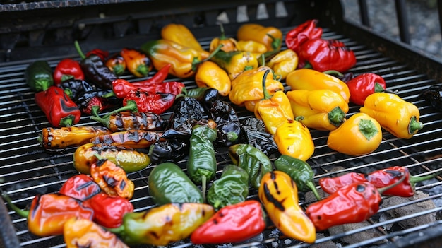 Eine Mischung aus feurigen Chilischoten und süßeren milderen Pfeffern, die alle gegrillt wurden, um ihren Geschmack hervorzuheben