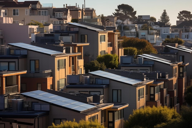 Eine Mischung aus traditioneller und moderner Architektur, unterbrochen von schlanken Solarpanelen unter einem goldenen Licht