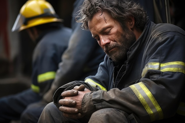 Foto eine mischung aus trauer und optimismus ein feuerwehrmann macht eine pause, während er sich mit rettungsarbeiten beschäftigt