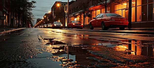 Foto eine mit autos gesäumte straße ist im regen im stil von dunkelorange und hellem aquamarin bedeckt