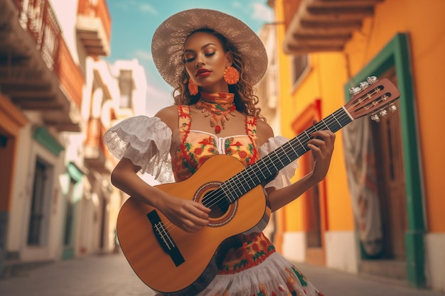 Eine mit einem Hut geschmückte mexikanische Frau schlägt zu Ehren der Cinco de Mayo-Feierlichkeiten auf einer Gitarre