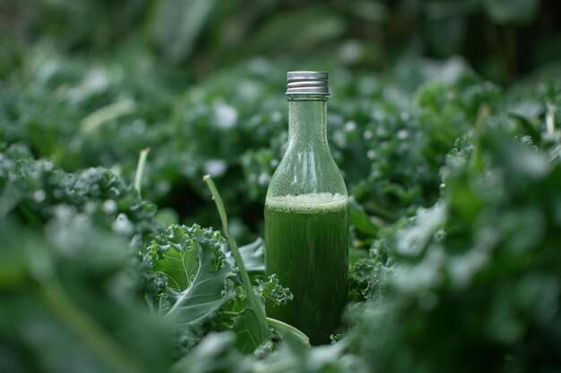 Foto eine mit grüner flüssigkeit gefüllte flasche steht auf einem feld