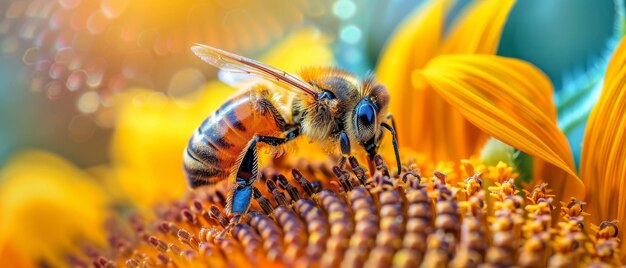 Eine mit Pollen bedeckte Biene auf einer Sonnenblume in lebendigen Farben