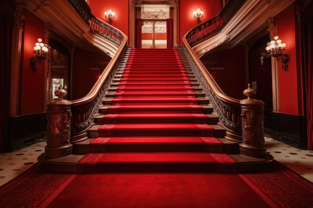 Eine mit rotem Teppich ausgelegte Treppe führt zu einem glamourösen Event, das mit generativer KI kreiert wurde