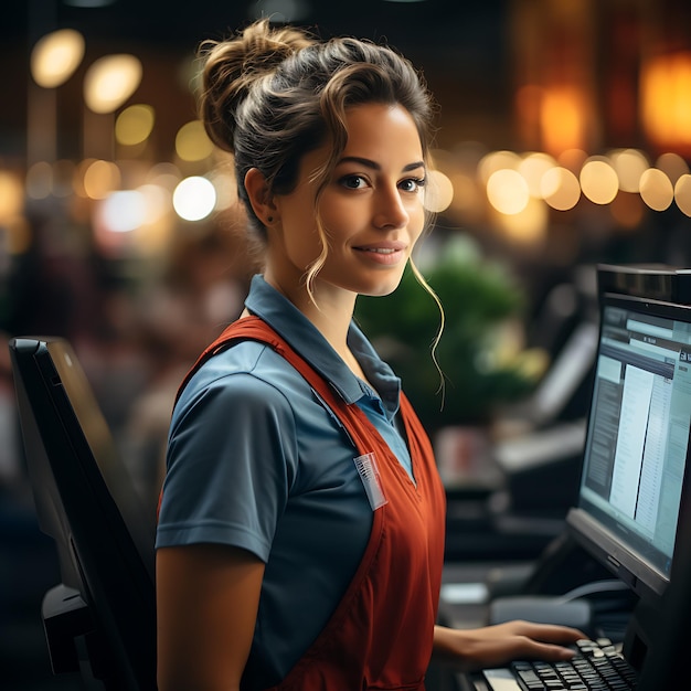 Eine Mitarbeiterin in einem Supermarkt steht an der Kasse und kümmert sich fotorealistisch um ihre Kunden