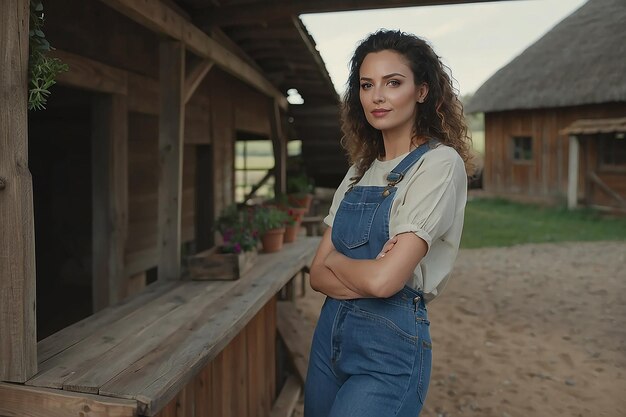 Foto eine mittelgroße frau, die in einem bauernhaus lebt