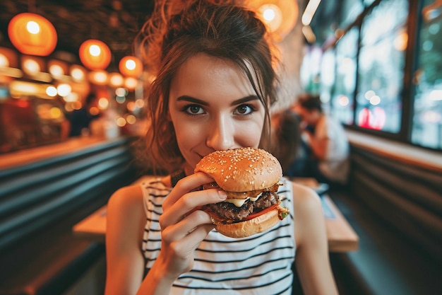 Eine mittelgroße junge Frau isst einen Burger.