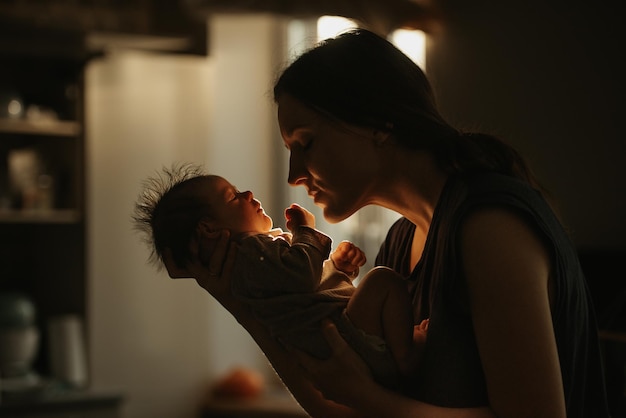 Eine mittellange Aufnahme der Mutter, die das Neugeborene in den Händen hält und sie zu Hause umarmt. Das Baby und die Mama im Sonnenlicht vor dem Fenster am Abend.