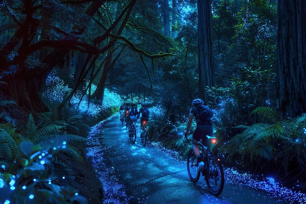 Eine Mitternachtsfahrt mit dem Fahrrad durch einen Wald, während Radfahrer sich auf kurvenreichen, von Bioluminesc beleuchteten Wegen fortbewegen