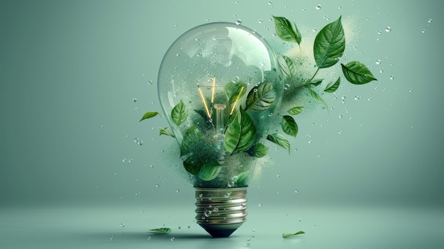 Eine moderne Abbildung einer Glühbirne mit grünen Pflanzen, Linien, Dreiecke und Partikeleffekten