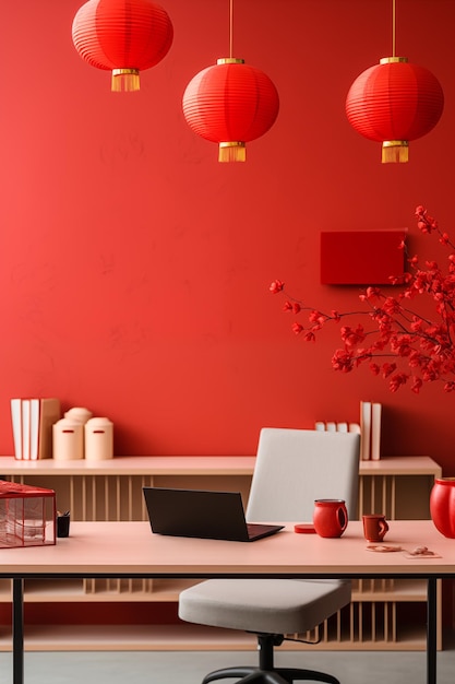 eine moderne Büroumgebung, die für das chinesische Neujahr geschmückt ist