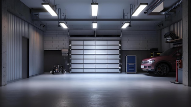 Foto eine moderne garage mit einer weißen sektionstür. es ist ein rotes auto drin geparkt, zusammen mit einem schwarzen motorrad.