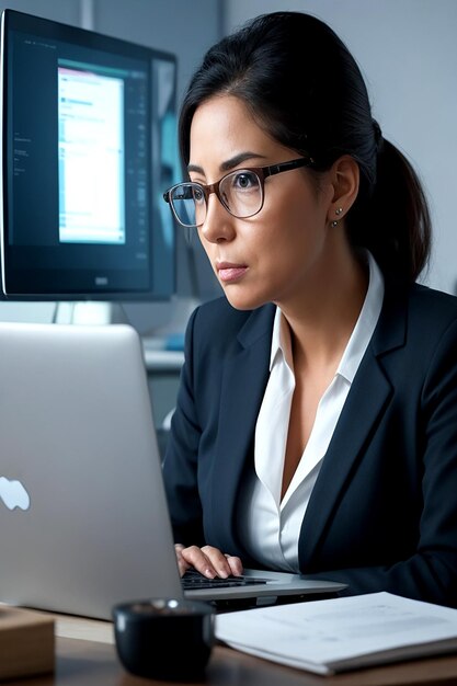 Eine moderne Geschäftsfrau sitzt in ihrem Büro und ihr Laptop leuchtet KI-generiert