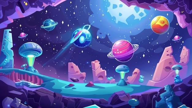 Eine moderne Illustration, die ein Raumschiff und fremde Planeten auf einer 2D-Cartoon-Landschaft und ein Arcade-Computer- oder Mobilspiel mit Plattformen und Bonus-Items zeigt Kosmos und Universum futuristischer Hintergrund