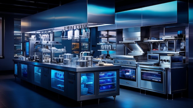 Eine moderne Küche mit Edelstahlgeräten und blauer Beleuchtung