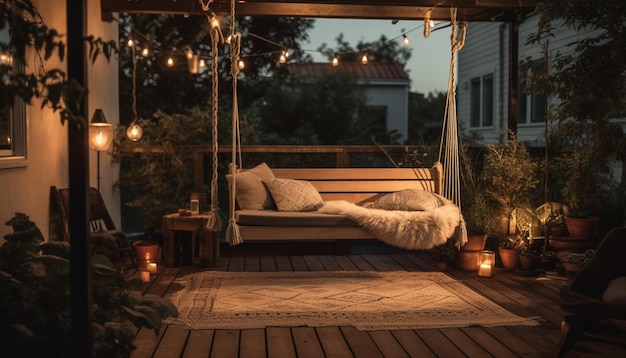 Eine moderne Laterne beleuchtet ein gemütliches Schlafzimmer in einer ruhigen Nacht, erzeugt durch KI