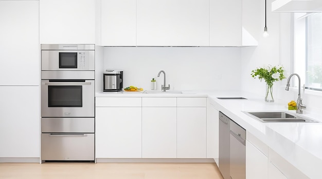 Eine moderne, minimalistische Küche mit eleganten Geräten aus Edelstahl und einer strahlend weißen Arbeitsplatte