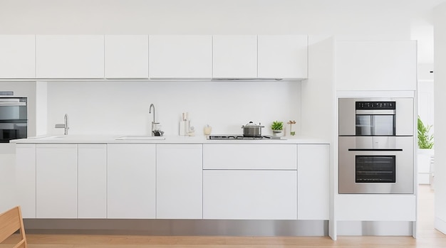 Eine moderne, minimalistische Küche mit eleganten Geräten aus Edelstahl und einer strahlend weißen Arbeitsplatte