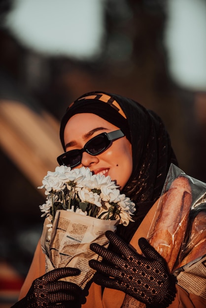 Eine moderne muslimische Frau mit Kopftuch, die mit einem Blumenstrauß durch die Stadt geht