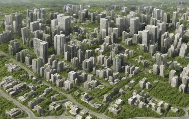 Eine moderne Stadt mit Wolkenkratzern im Grünen