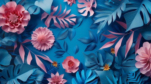 Eine moderne Tapete mit blauen und rosa Papierblumen sowie tropischen Blättern in einem abstrakten Hintergrund