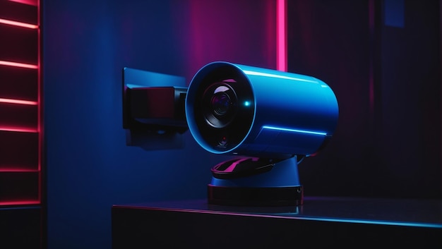 Eine moderne tragbare blaue Überwachungskamera, beleuchtet durch Neonlicht vor einer dunklen strukturierten Oberfläche
