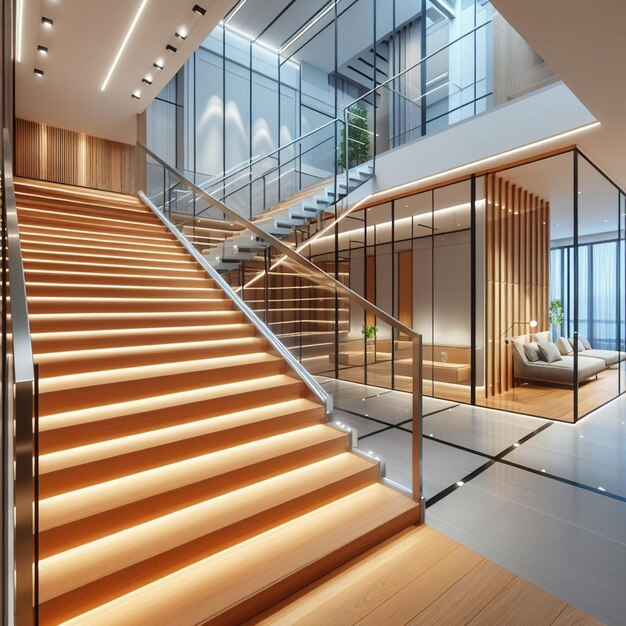 eine moderne Treppe mit einem Holzboden und einem großen Fenster
