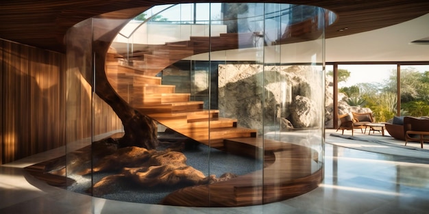 Eine moderne Treppe und Lobby, die zu einem geräumigen Haus führen