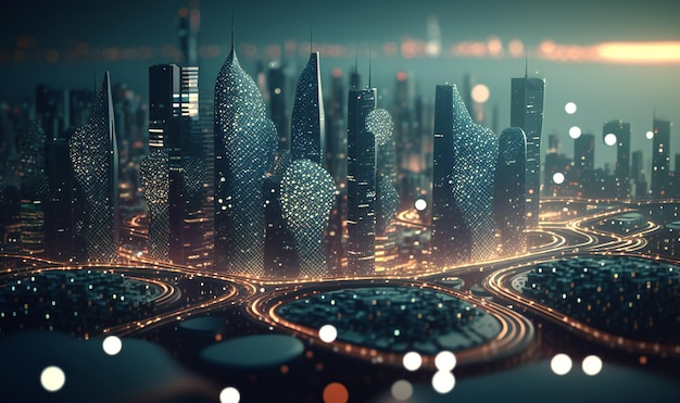 Eine moderne und raffinierte Darstellung einer intelligenten Stadt mit Punktpunkten, die durch ästhetische Wellenlinien verbunden sind und das Konzept der Big-Data-Technologie vermitteln