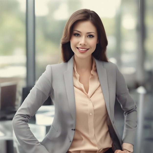 Eine moderne und schöne Geschäftsfrau im braunen Anzug lächelt anmutig