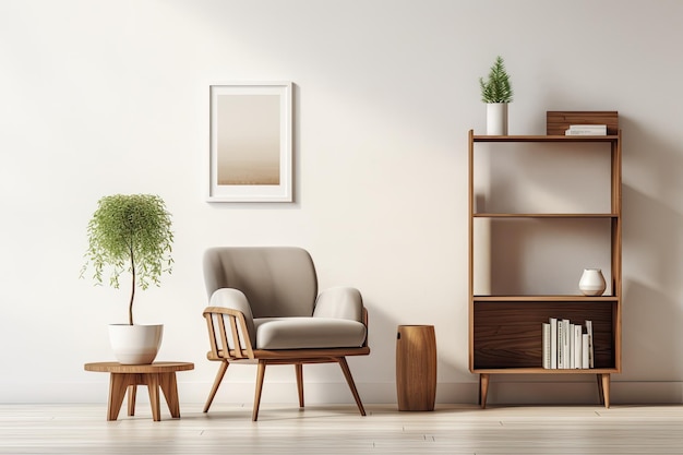 Eine moderne Wohndekor-Vorlage, die ein stilvolles skandinavisches Wohninterieur komplett mit Design präsentiert