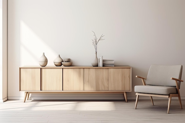 Eine moderne Wohndekor-Vorlage, die ein stilvolles skandinavisches Wohninterieur komplett mit Design präsentiert