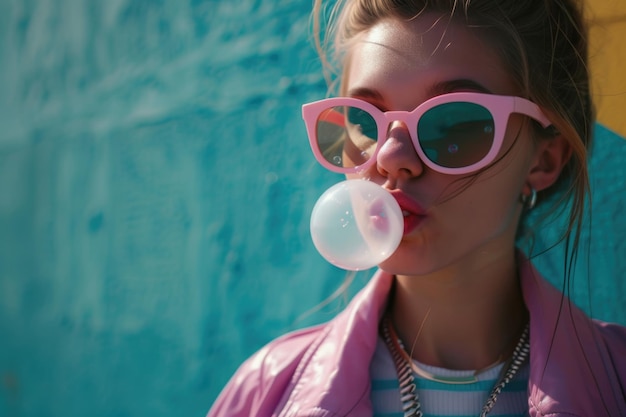 Eine modische junge Frau bläst mit ihrer stilvollen 90er-Jahre-Crew mit ihrem Kaugummi Blasen