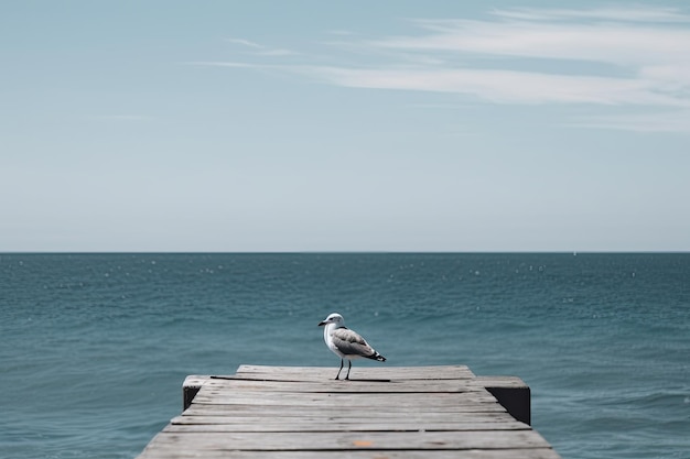 Eine Möwe sitzt auf einem Dock vor dem Ozean.