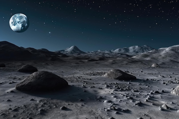 Eine Mondlandschaft mit Kratern und Sternen am Nachthimmel, die mit generativer KI erstellt wurde