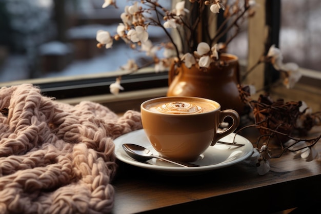 Eine morgendliche Tasse Kaffee steht auf dem Tisch am Fenster