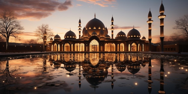 Foto eine moschee am abend mit dem mond im hintergrund