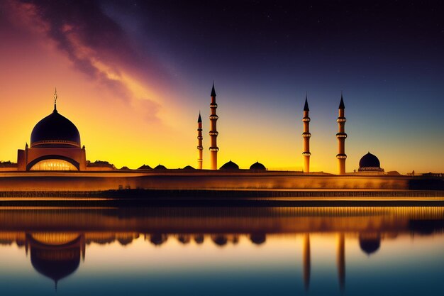 Eine Moschee am Abend mit der untergehenden Sonne dahinter