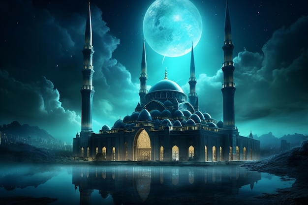 Eine Moschee am Himmel mit Vollmond und Wolken islamischer Hintergrund